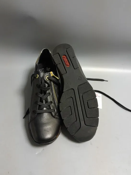 BOXED RIEKER ANTISTRESS BLACK TRAINERS WITH GOLD TRIM SIZE EUR 39