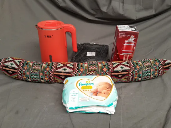 LARGE BOX OF ASSORTED HOUSEHOLD ITEMS TO INCLUDE KETTLE, PAMPERS AND DRAFT EXCLIDER