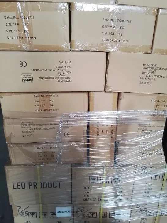 PALLET OF APPROXIMATELY 37 MULTI PACK ECOMLITE BOXES TO INCLUDE - 40 DEGREE 3000K LED IP65 FIRE RATED DOWNLIGHT , LED DOWNLIGHT DIMMABLE 60° - COLLECTION ONLY 