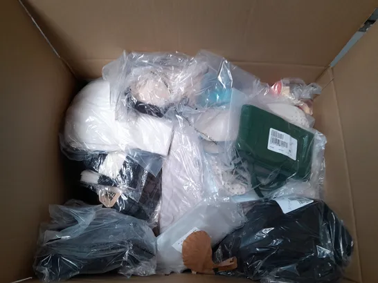 LARGE BOX OF ASSORTED CLOTHING ITEMS IN VARIOUS SIZES AND COLORS