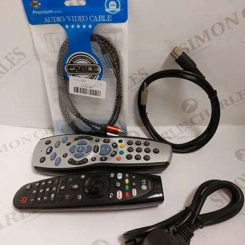 BOX OF APPROX 10 ITEMS TO INCLUDE SKY SC030 REMOTE, LG MR20GA REMOTE AND AUDIO/VIDEO CABLE