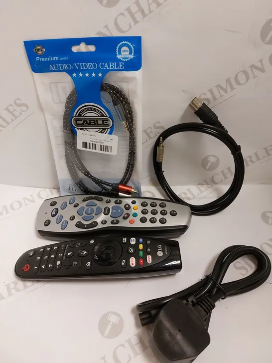 BOX OF APPROX 10 ITEMS TO INCLUDE SKY SC030 REMOTE, LG MR20GA REMOTE AND AUDIO/VIDEO CABLE