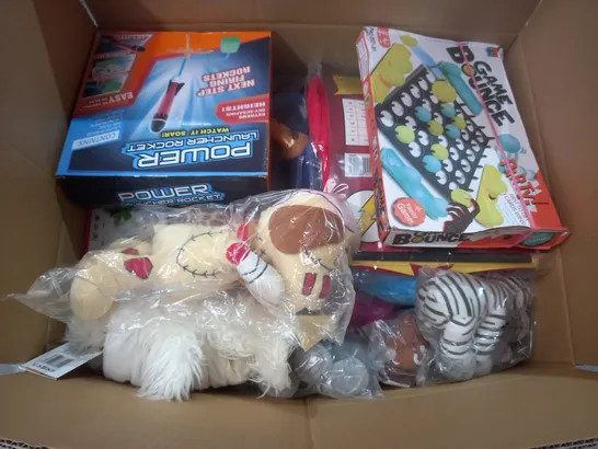 BOX OF APPROX 20 ASSORTED TOYS TO INCLUDE - POWER LAUNCHER ROCKET - DOBBLE - YOU HAD ONE JOB ECT