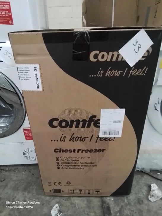 COMFEE 99L FREESTANDING WHITE CHEST FREEZER - UNPROCESSED RAW RETURN