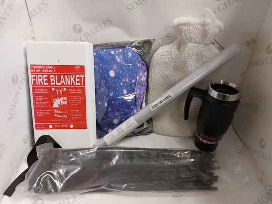 BOX OF APPROX 10 HOUSEHOLD ITEMS TO INCLUDE FIRE BLANKET, PRIVACY WINDOW FILM AND HOT WATER BOTTLE COVER