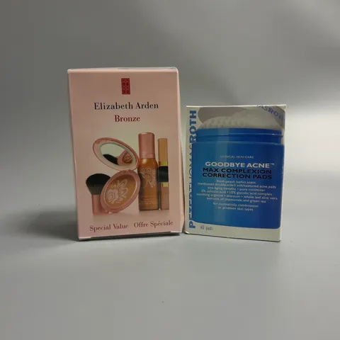 2 BOXED BEAUTY PRODUCTS TO INCLUDE GOODBYE ACNE MAX COMPLEXION CORRECTION PADS AND SEALED ELIZABETH ARDEN BRONZE 4-PIECE GIFT SET 