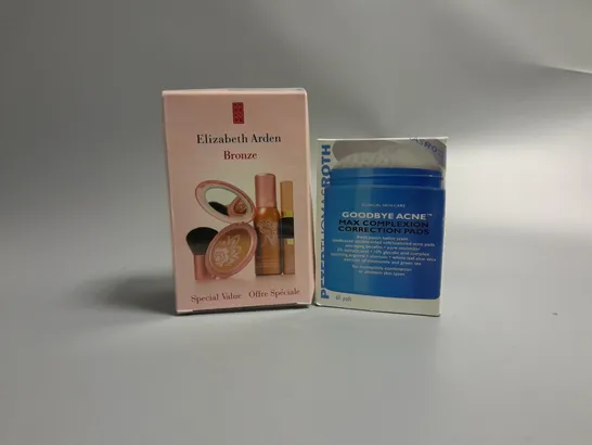 2 BOXED BEAUTY PRODUCTS TO INCLUDE GOODBYE ACNE MAX COMPLEXION CORRECTION PADS AND SEALED ELIZABETH ARDEN BRONZE 4-PIECE GIFT SET 