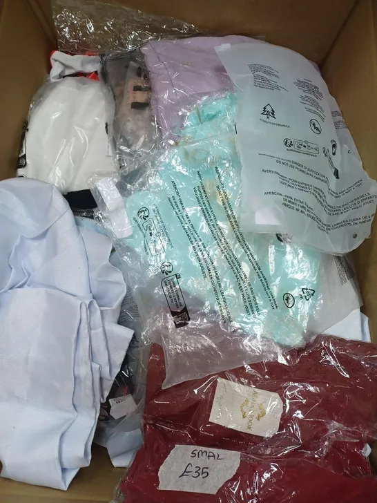 BOX OF APPROXIMATELY 22 ASSORTED CLOTHING ITEMS TO INCLUDE - T-SHIRT , DRESS , BOODY FULL BREIF ETC