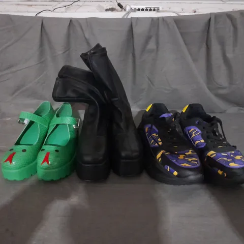 3 PAIRS OF ASSORTED KOI SHOES TO INCLUDE GREEN MARY JANES SIZE 6, TRAINERS SIZE UNSPECIFIED, ZIP UP BOOTS SIZE UNSPECIFIED 