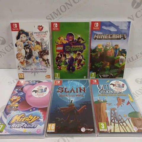 LOT TO CONTAIN 6 X ASSORTED NINTENDO SWITCH GAMES, INCLUDES MINECRAFT, KIRBY, LEGO DC VILLAINS ETC 