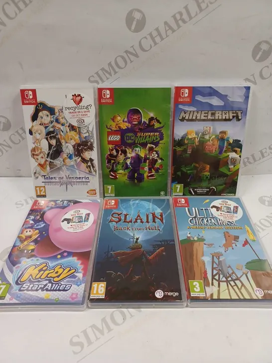 LOT TO CONTAIN 6 X ASSORTED NINTENDO SWITCH GAMES, INCLUDES MINECRAFT, KIRBY, LEGO DC VILLAINS ETC 