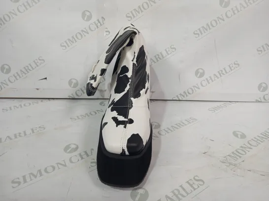 BOXED PAIR OF KOI PLATFORM BLOCK HEEL BOOTS IN COW SKIN PATTERN SIZE 6