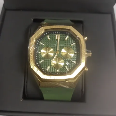 LOUIS LACOMBE MENS CHRONOGRAPH WATCH WITH 3 SUB DIALS AND GOLD COLOUR CASE WITH GREEN RUBBER STRAP IN BOX