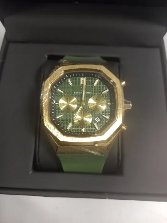 LOUIS LACOMBE MENS CHRONOGRAPH WATCH WITH 3 SUB DIALS AND GOLD COLOUR CASE WITH GREEN RUBBER STRAP IN BOX RRP £380