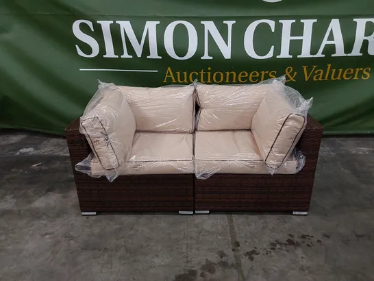 DESIGNER RATTAN 2 SEATER GARDEN/PATIO SOFA IN CHOCOLATE MIX AND COFFEE CREAM COLOUR WITH CUSHIONS