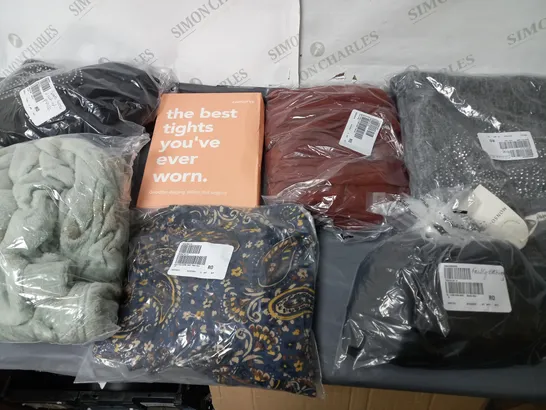 BOX OF ASSORTED CLOTHING ITEMS TOO INCLUDE TOPS , JUMPERS, AND PANTS ETC. 