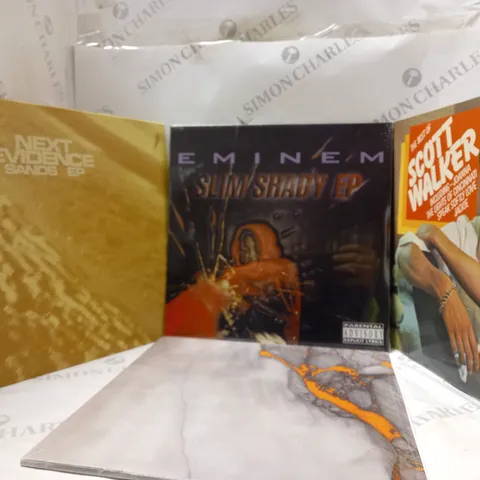 BOX OF 10 ASSORTED VINYL RECORDS, TO INCLUDE; EMINEM SLIM SHADY EP - NEXT EVODEMCE SAMDS EP - THE BEST OF SCOTT WALKER ECT