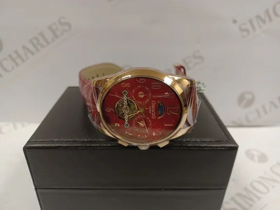 GAMAGES OF LONDON LIMITED EDITION HAND ASSEMBLED MUSE AUTOMATIC ROSE RED WATCH RRP £805