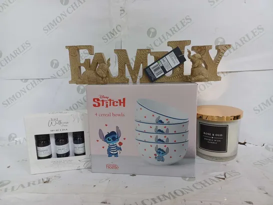 BOX OF APPROX 10 ASSORTED ITEMS TO INCLUDE - DISNEY STITCH 4 CEREAL BOWLS , ROSE & OUD CANDLE , FAMILY ETC