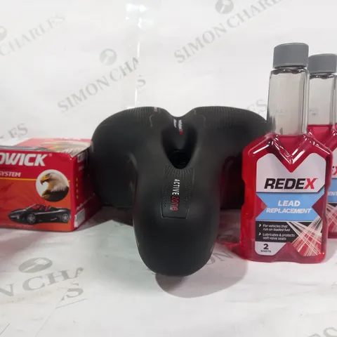 LOT OF APPROXIMATELY 10 ASSORTED VEHICLE PARTS & ACCESSORIES TO INCLUDE REDEX LEAD REPLACEMENT, SHINETOUR BIKE SADDLE, CHADWICK CAR ALARM SYSTEM, ETC