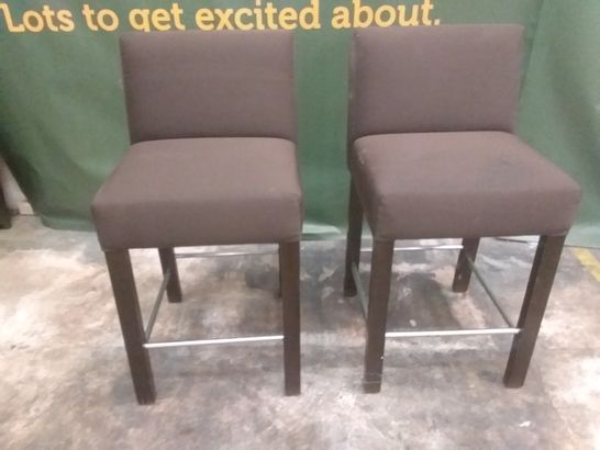 PAIR OF DESIGNER BROWN FABRIC STOOLS WITH WALNUT LEGS AND CHROME DETAIL