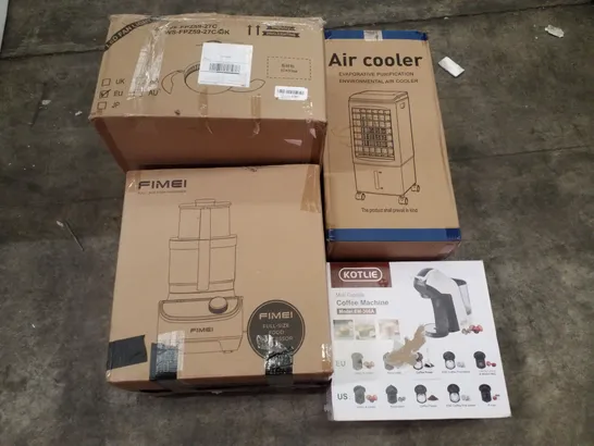 PALLET OF ASSORTED PRODUCTS INCLUDING AIR COOLER, COFFEE MACHINE, LED FAN LIGHT, FOOD PROCESSOR, WORLD TRAVEL MAP 