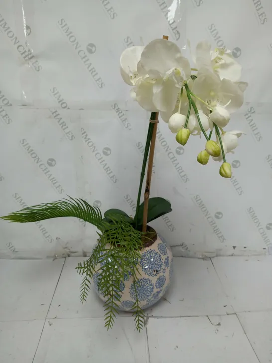 PEONY POTTED FAUX PHALAENOPSIS ORCHID IN A BLUE & WHITE PATTERNED BOWL