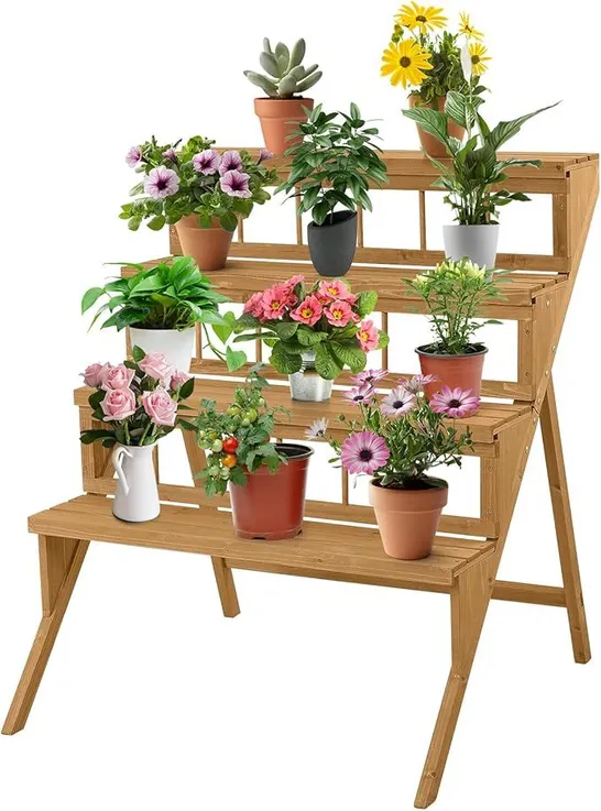 BOXED COSTWAY 4 TIER WOOD PLANT STAND FLOWER POT HOLDER DISPLAY SHELVES RACK STAND LADDER STEP