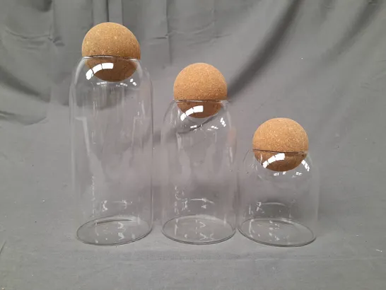 BOXED UNBRANDED SET OF 3 CORK BALL LID GLASS JARS