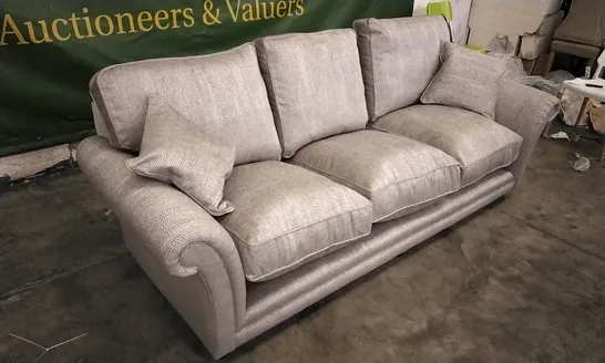 QUALITY DESIGNER PARKER KNOLL 3 SEATER SOFA IN SILVER PATTERNED FABRIC