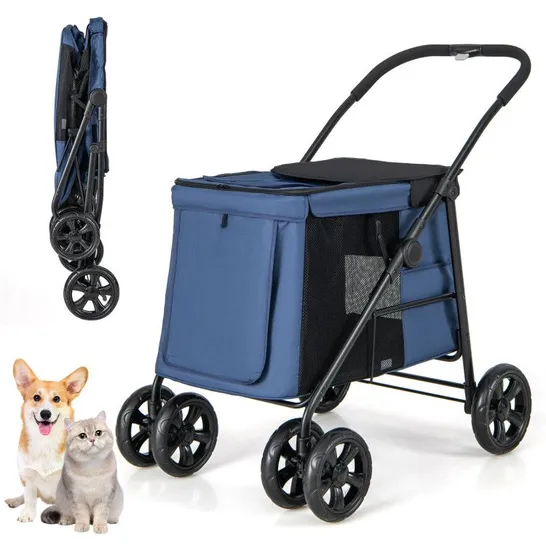 BOXED COSTWAY FOLDING PET STROLLER FOR SMALL AND MEDIUM PETS WITH BREATHABLE MESH ANDX ONE-BUTTON FOLDABLE - BLUE