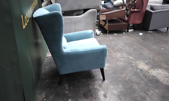 QUALITY BRITISH DESIGNER LOUNGE Co. SKY BLUE FABRIC WING BACK ARMCHAIR 