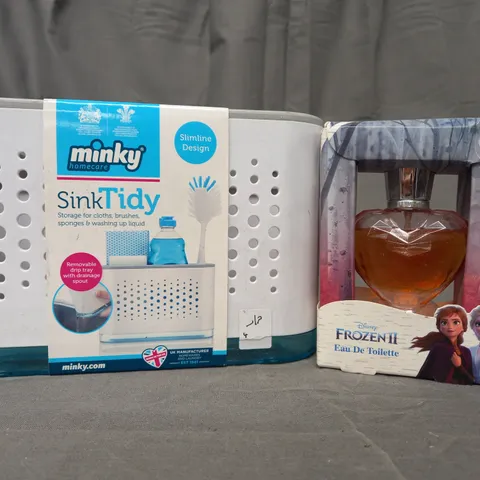 BOX OF APPROXIMATELY 20 ASSORTED HOUSEHOLD ITEMS TO INCLUDE MINKY SINK TIDY, FROZEN II EAU DE TOILETTE, ETC