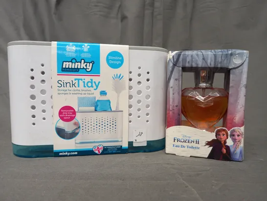 BOX OF APPROXIMATELY 20 ASSORTED HOUSEHOLD ITEMS TO INCLUDE MINKY SINK TIDY, FROZEN II EAU DE TOILETTE, ETC