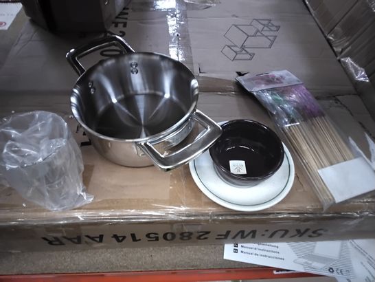 4 BOXES OF APPROXIMATELY 60 ITEMS INCLUDING SAMUEL GROVES METAL COOKING POT, PLASTIC CUPS, CHURCHILL TEA PLATES, REVOL PURPLE SAUCER, BAG OF 100 GLITTER WOODEN STICKS 
