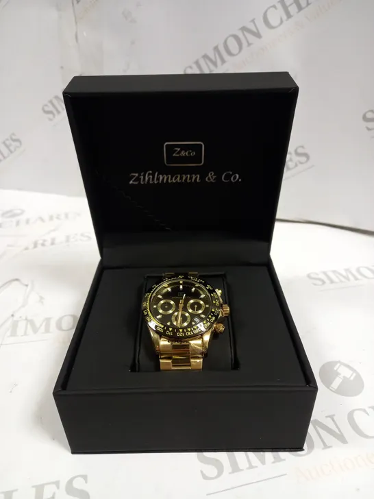 MENS ZIHLMANN & CO Z400 WATCH – CHRONOGRAPH MOVEMENT – GOLD COLOUR STAINLESS STEEL STRAP – BLACK DIAL – 3ATM WATER RESISTANT