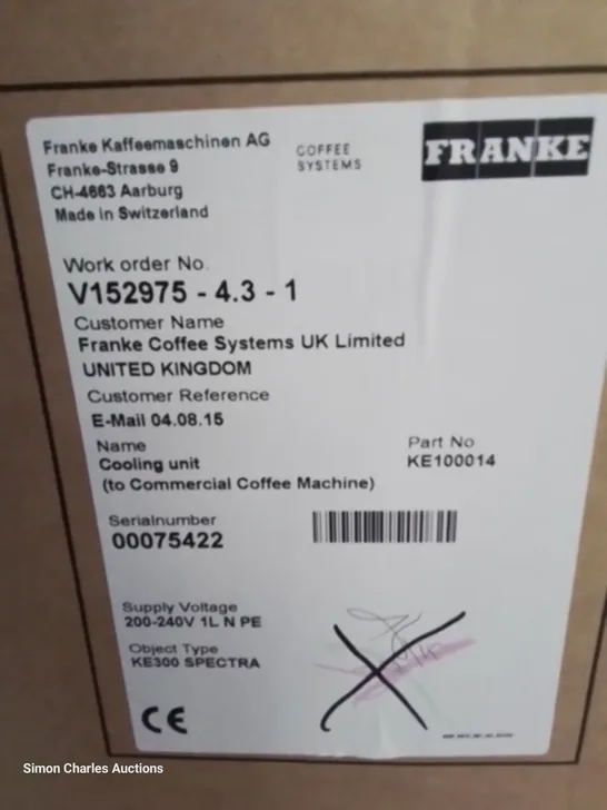 BOXED BRAND NEW FRANKE SPECTRE COOLING UNIT TO COFFEE MACHINE Model KE100012