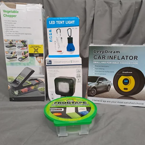 BOX OF APPROXIMATELY 15 ASSORTED ITEMS TO INCLUDE - CAR INFLATOR, TENT LIGHT, FROGTAPE ETC