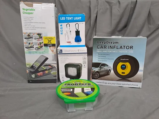 BOX OF APPROXIMATELY 15 ASSORTED ITEMS TO INCLUDE - CAR INFLATOR, TENT LIGHT, FROGTAPE ETC