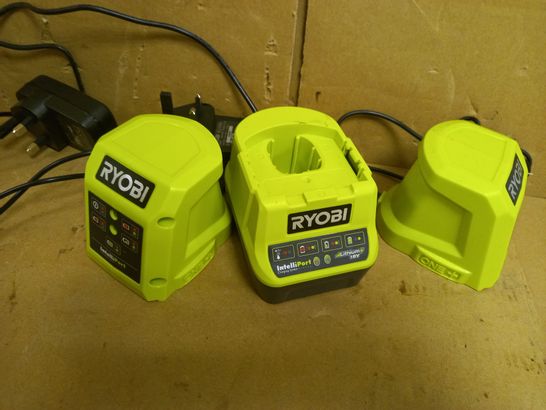 BOX OF APPROXIMATELY 5 ASSORTED HOUSEHOLD ITEMS TO INCLUDE RYOBI CHARGING SYSTEM, EINHELL BATTERY CHARGER, FLYMO BATTERY CHARGER, ETC