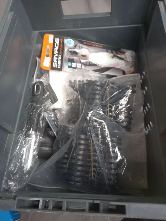 BOX OF APPROXIMATELY 15 HOUSEHOLD ITEMS TO INCLUDE - FLYING COLOURS LEICESTERSHIRE FLAG - SAVAGE GEAR 3D SUICIDE DUCK - MILWARD DRESSMAKING SHEARS - ETC