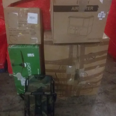 PALLET OF ASSORTED ITEMS INCLUDING GAMING CHAIR, CEILING FAN LIGHT, T TIER ROUND STAND, AIR FRYER