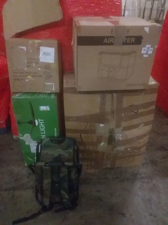 PALLET OF ASSORTED ITEMS INCLUDING GAMING CHAIR, CEILING FAN LIGHT, T TIER ROUND STAND, AIR FRYER