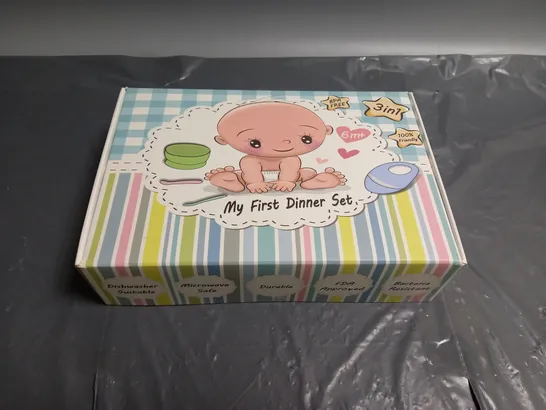 BOX OF APPROX 20 MY FIRST SILICONE DINNER SETS BPA FREE INCLUDES SUCTION BOWL, BIB & SPOON