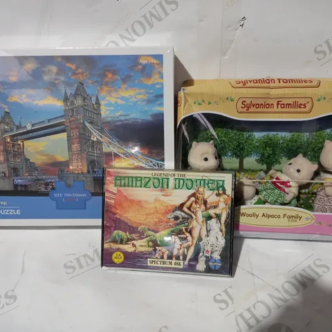 BOX OF APPROXIMATELY 10 ASSORTED TOYS AND GAMES TO INCLUDE TOMOVING 100 PIECE JIGSAW PUZZLE, SYLVANIAN FAMILIES WOOLLY ALPACA FAMILY, LEGEND OF THE AMAZON WOMEN SPECTRUM 48K GAME, ETC