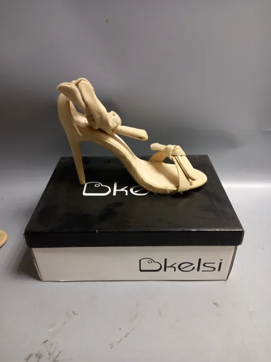 BOXED KELSI LADIES BEIGE SATIN HIGH HEELED SANDALS WITH TIE DETAIL SIZE EU 36