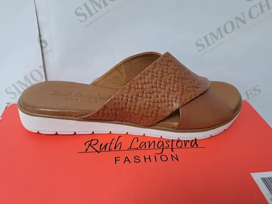 BOXED PAIR OF RUTH LANGSFORD FLAT SLIDE SANDALS IN TAN SIZE 5