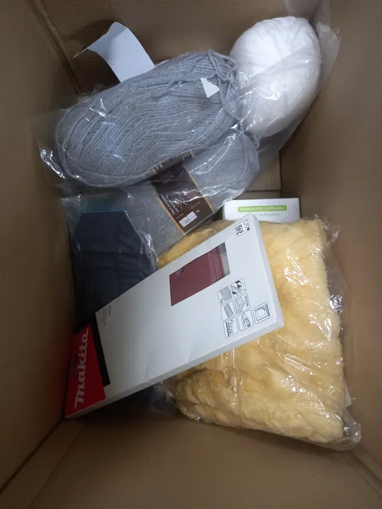 BOX OF APPROXIMATELY 10 HOUSEHOLD ITEMS TO CONTAIN PORTABLE WIRELESS FAN, NATURALLY MED OLIVE WOOD CHOPPING BOARD, GOOD OLD FASHION KNITTING YARN ETC 