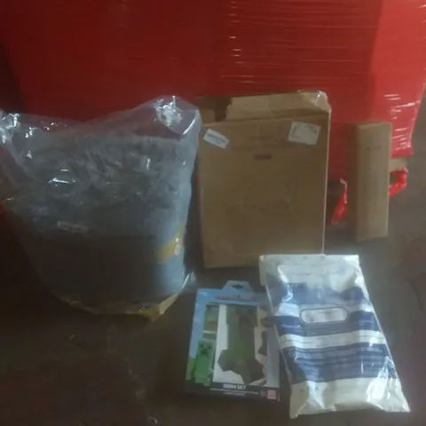 PALLET OF ASSORTED ITEMS INCLUDING  FOLDING 2 STEP STOOL, CLOTHES HANGER, HOT WATER BOTTLE, CARPET