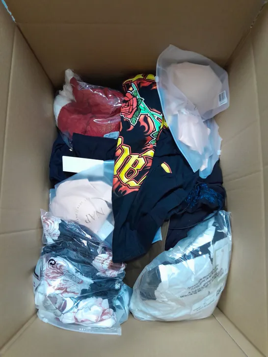 LARGE BOX OF ASSORTED CLOTHING ITEMS IN VARIOUS COLOURS AND SIZES INCLUDING TROUSERS , TOPS AND JUMPERS 